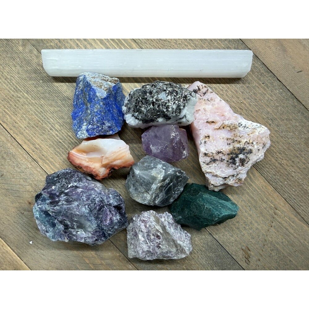 Raw Crystal Mystery Box Gift Set Selenite Wand Info Cards Individually Wrapped